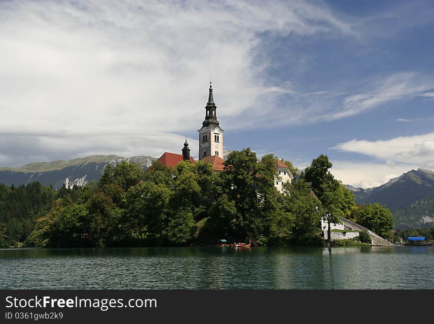 Bled lake with the church on island