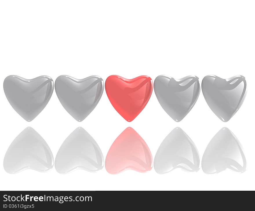 Four grey and one special heart with reflection on white isolated background. 3D Render. Four grey and one special heart with reflection on white isolated background. 3D Render.