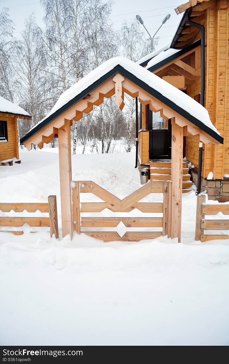 Home Entrance With A Wooden Fence, Cabin Log