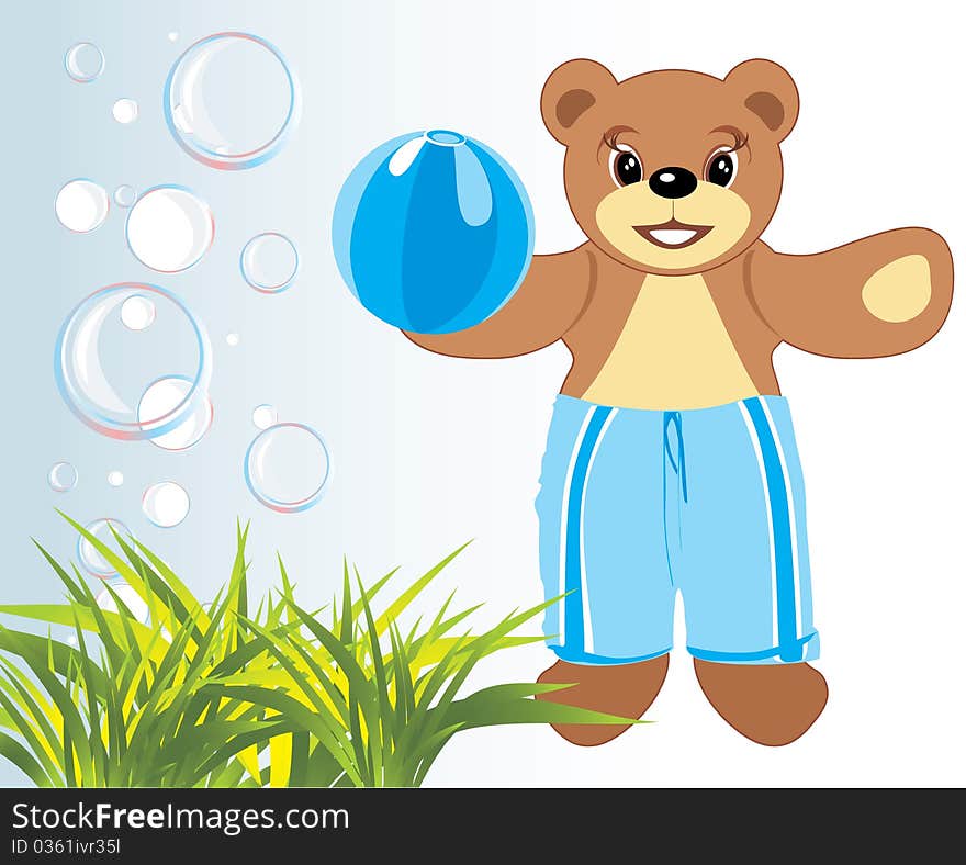 Bruin with ball among grass and bubbles. Illustration