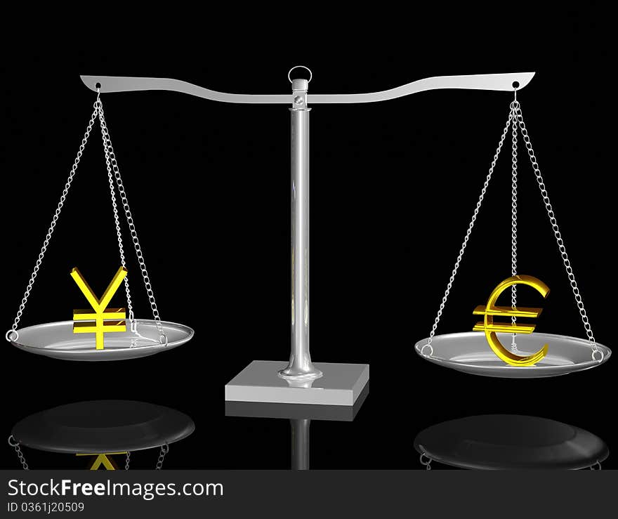 Euro and Yen on Silver balance on Black isolated background. Euro and Yen on Silver balance on Black isolated background