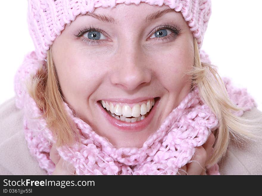 Picture of beautiful woman in winter pink hat. Picture of beautiful woman in winter pink hat