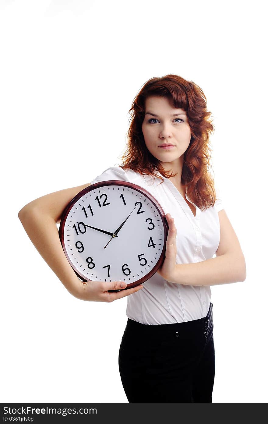 An image of a young woman with a big clock. An image of a young woman with a big clock