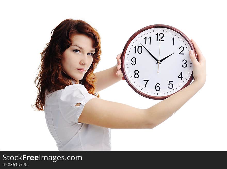 An image of a young woman with a clock. An image of a young woman with a clock