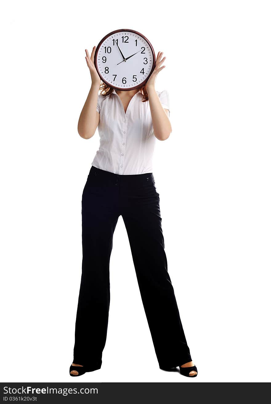 An image of a woman with big clock