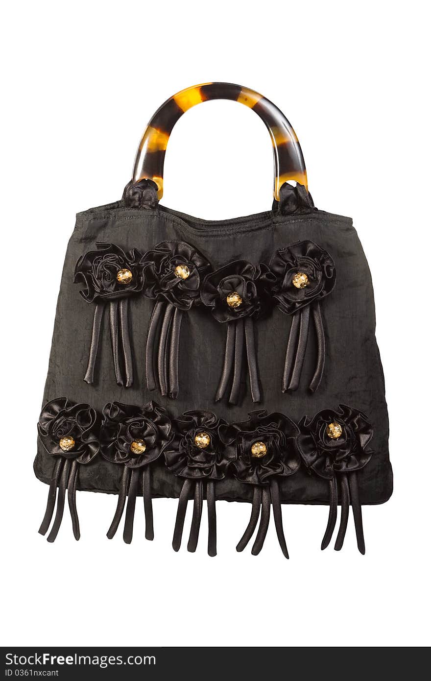 Female black handbag with decorative flowers