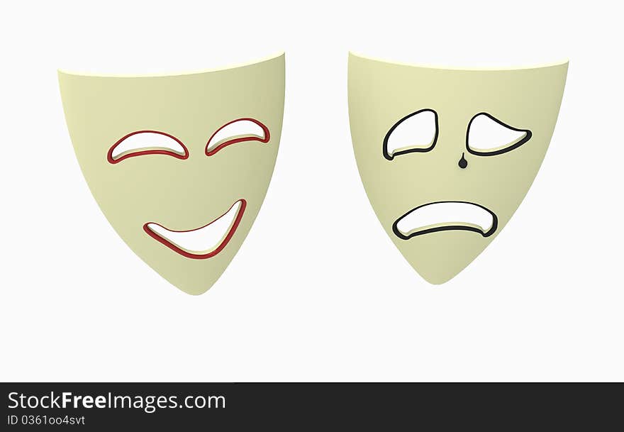 Two masks of laughter and grief on a white background