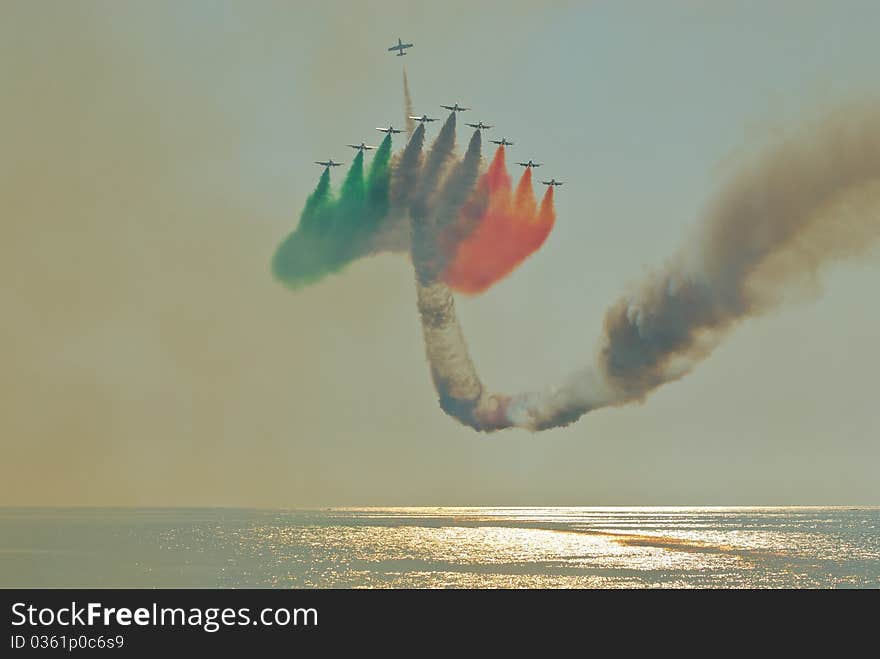 Italian tricolor arrows in the sky. Italian tricolor arrows in the sky