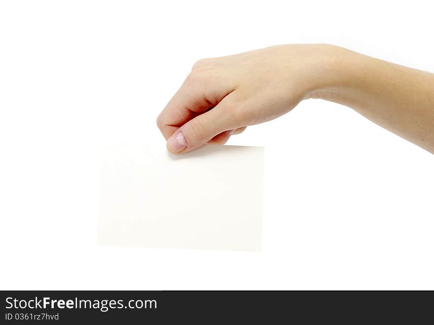 Paper card in hand isolated on white background