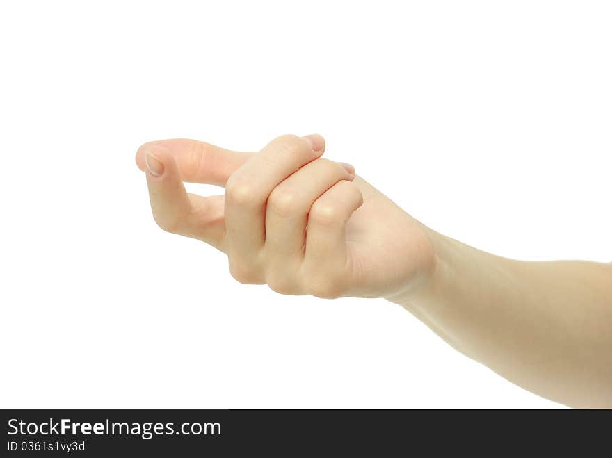 Hand pointing with index on a white background