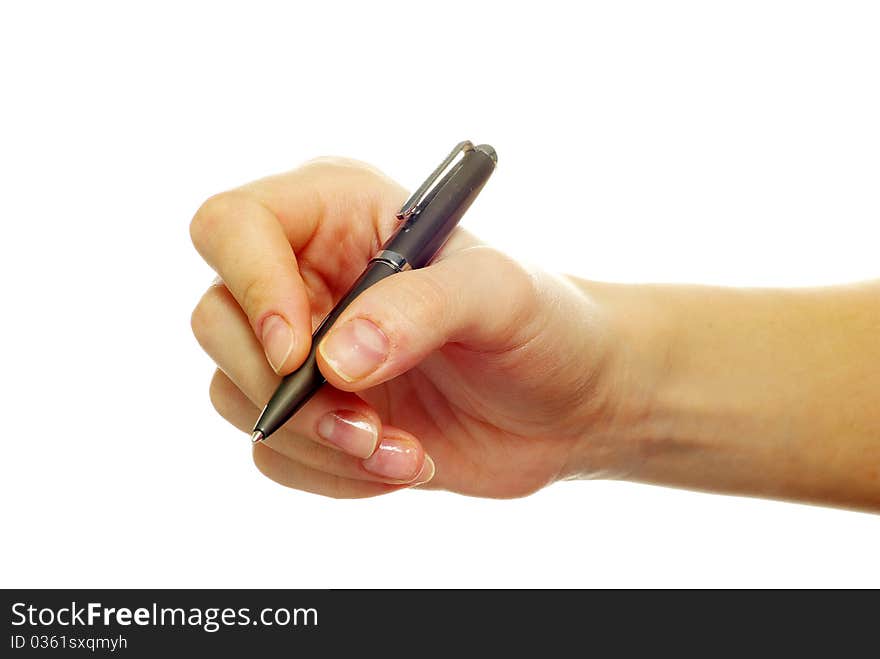 Hand holding pen isolated on white background. Hand holding pen isolated on white background