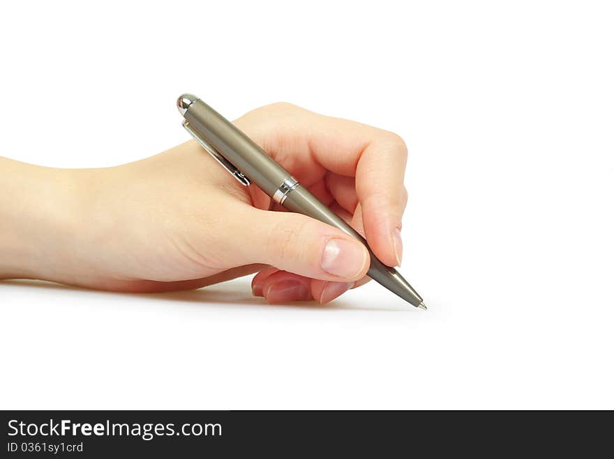 Hand holding pen isolated on white background