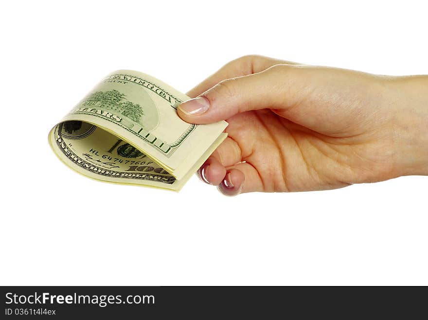 Hand with money isolated on white background