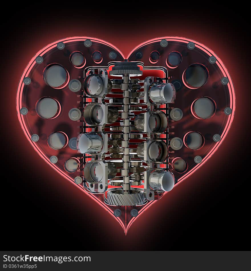 Mechanical heart V8 on black 3d