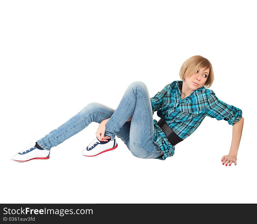 Closeup portrait of a young woman isolated on white background