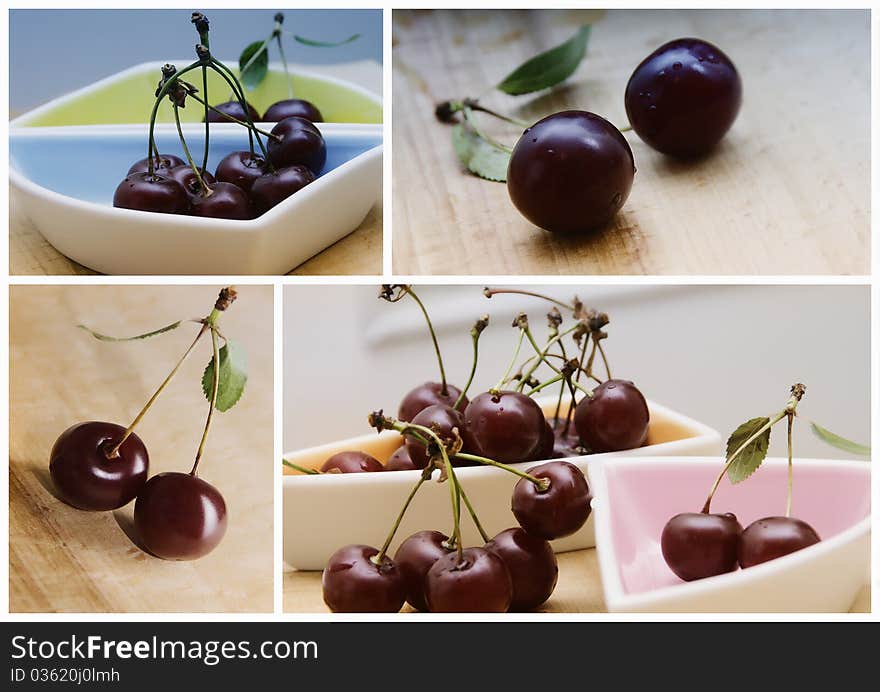 Ripe cherries on table collage.