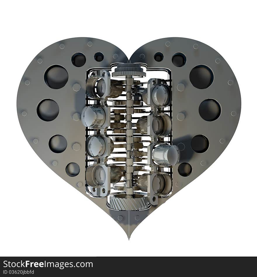 Mechanical heart V8 isolated on white 3d render. Mechanical heart V8 isolated on white 3d render