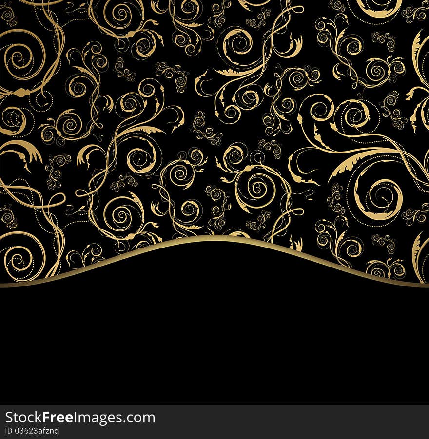 Decorative black and gold  background with ornament. Decorative black and gold  background with ornament