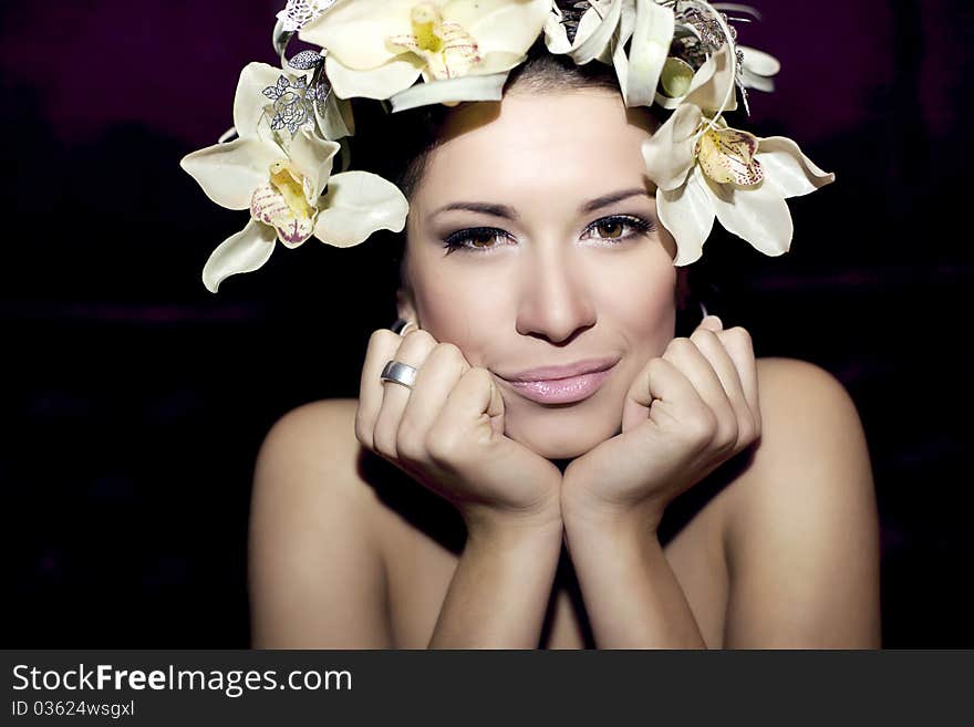 Beautiful Young Woman Face With Flowers