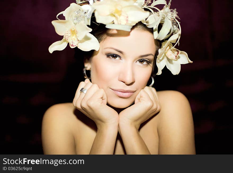 Attractive Young Woman Face With Flowers