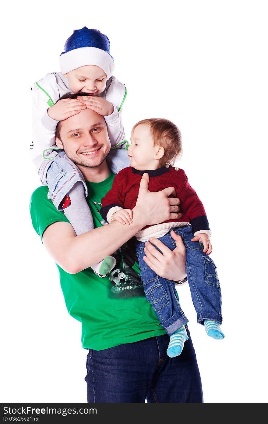 Portrait of a happy father with sons, isolated