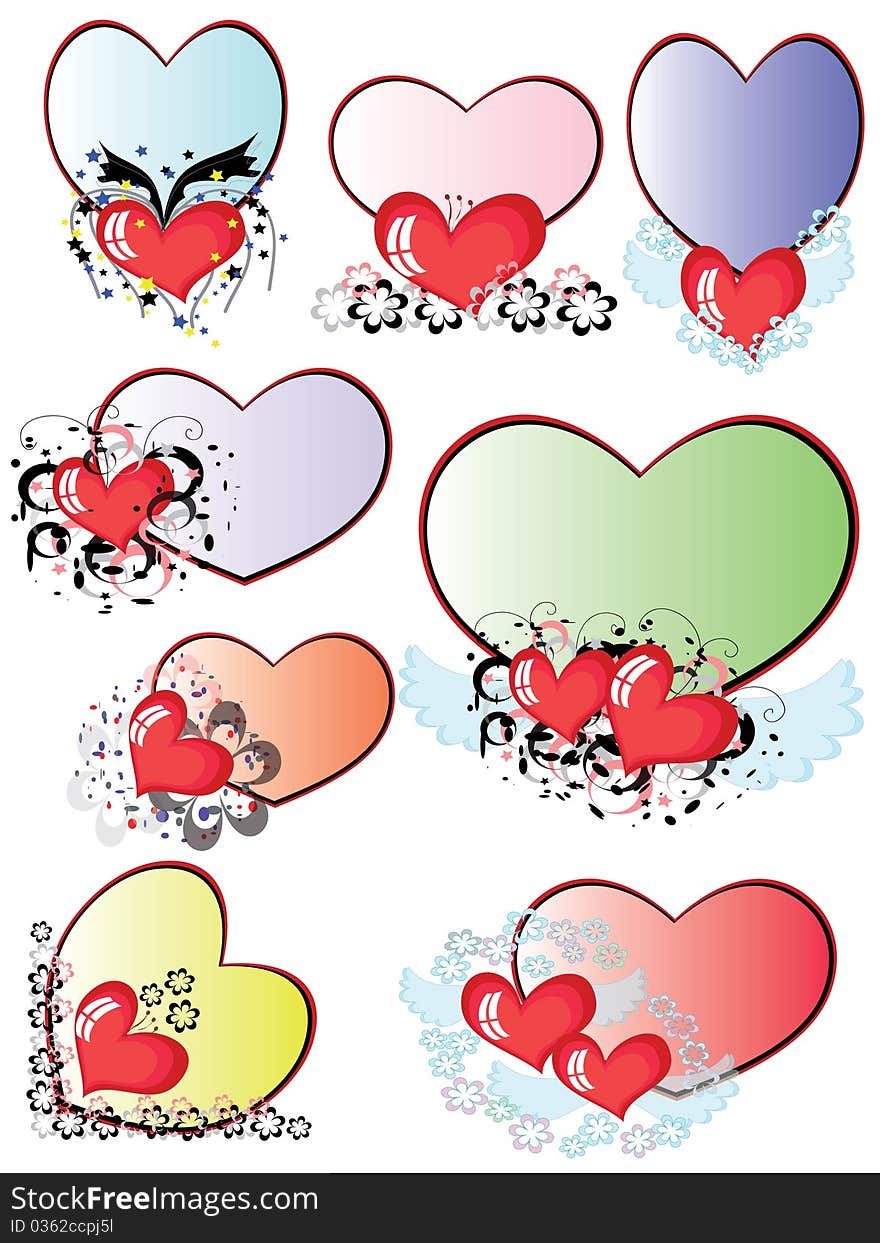 Varicolored frames with hearts, isolated. Varicolored frames with hearts, isolated