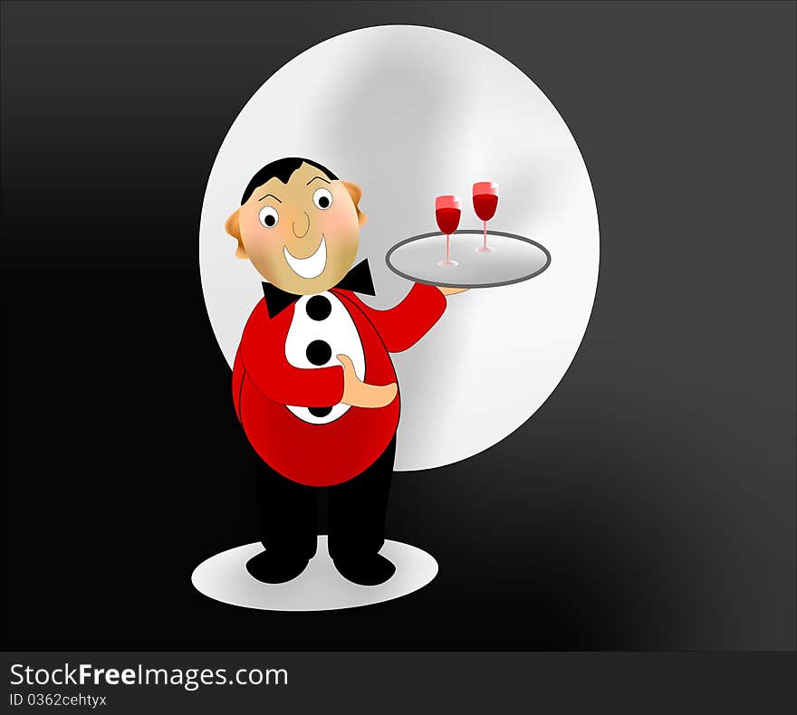 Illustration with a waiter carrying a tray with 2 glasses of wine, cdr vector. Illustration with a waiter carrying a tray with 2 glasses of wine, cdr vector