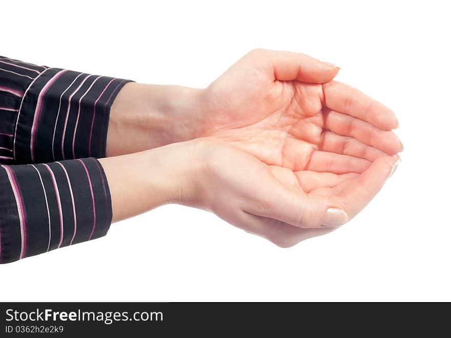 Beautiful woman's hands open. Isolated on white background