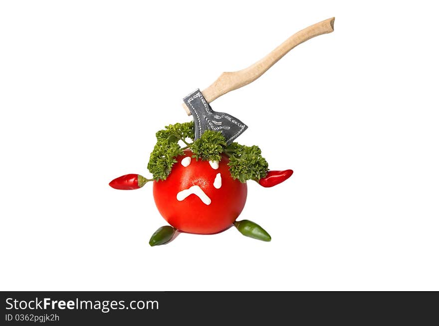 Red Tomato With Face And Ax