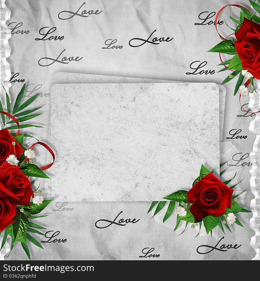 Vintage card for the holiday with red rose on the abstract background