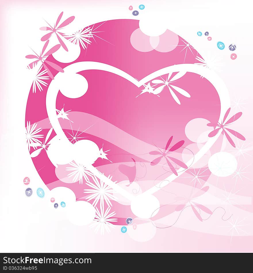 Heart on a pink background with snowflakes and colors