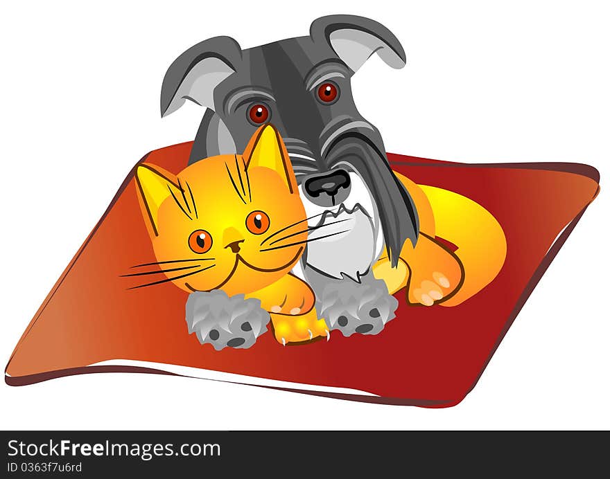 Miniature Schnauzer dog and British kitten lying on the rug in unison, drawing, illustration. Miniature Schnauzer dog and British kitten lying on the rug in unison, drawing, illustration