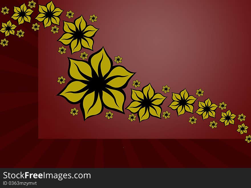 Floral design decoration with red rays in background