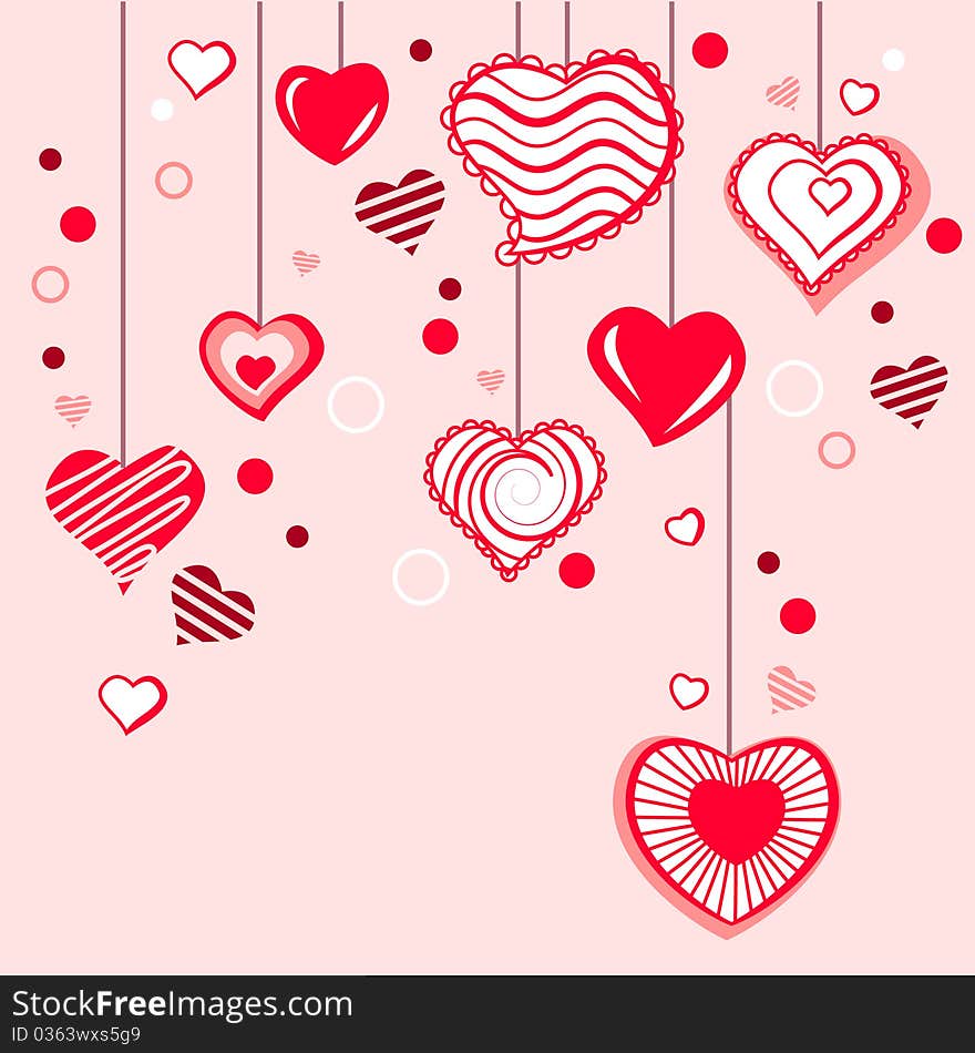 Contour hearts hanging on pink background