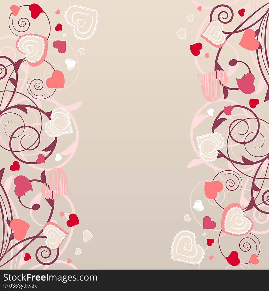 Beige background with different contour pink hearts. Beige background with different contour pink hearts