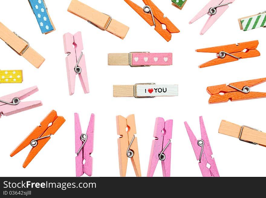 Colorful clothespin on a white