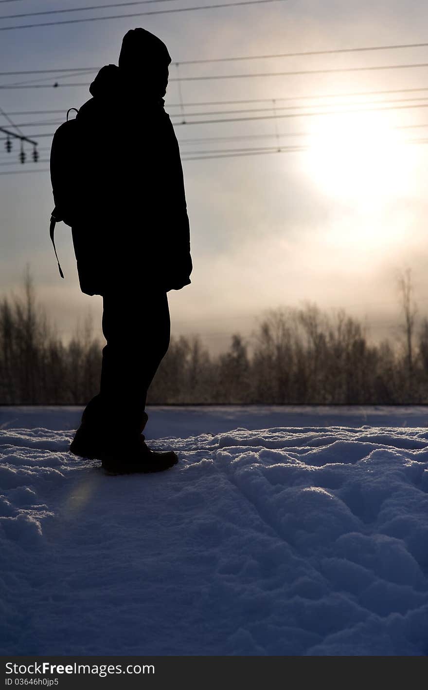 Silhouette of man on snow in winter. Silhouette of man on snow in winter