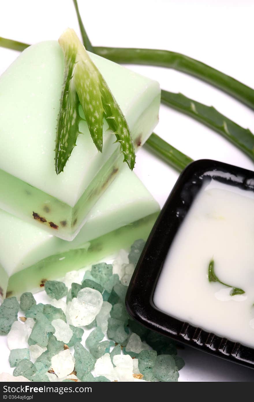 Aloe vera leaves, handmade soap, moisturizer and bath salt. Aloe vera leaves, handmade soap, moisturizer and bath salt