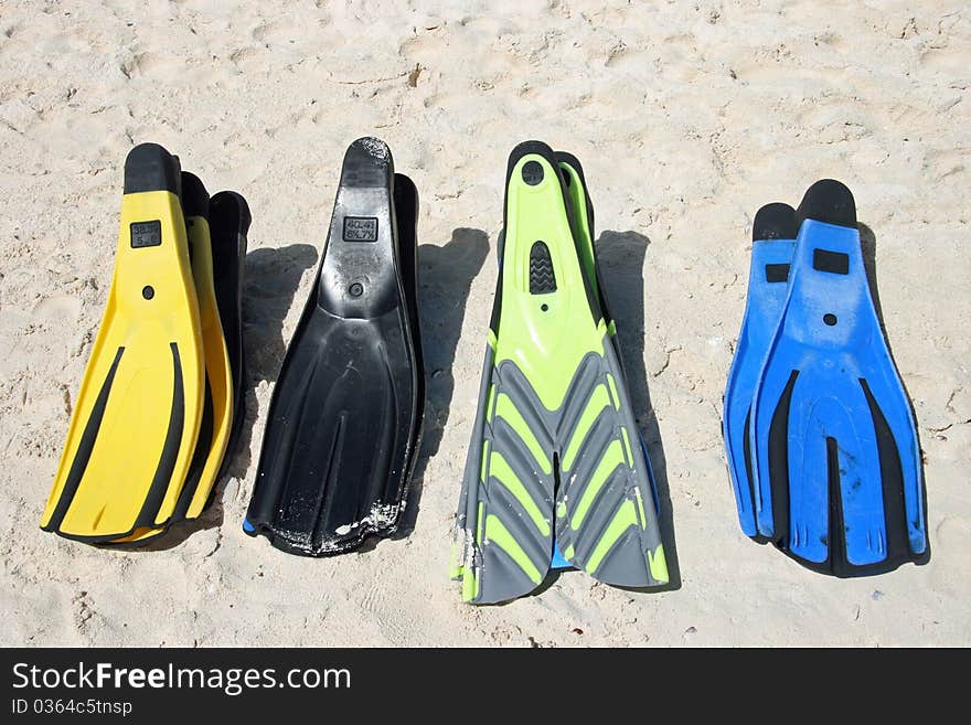 Different Flippers on caribbean Beach