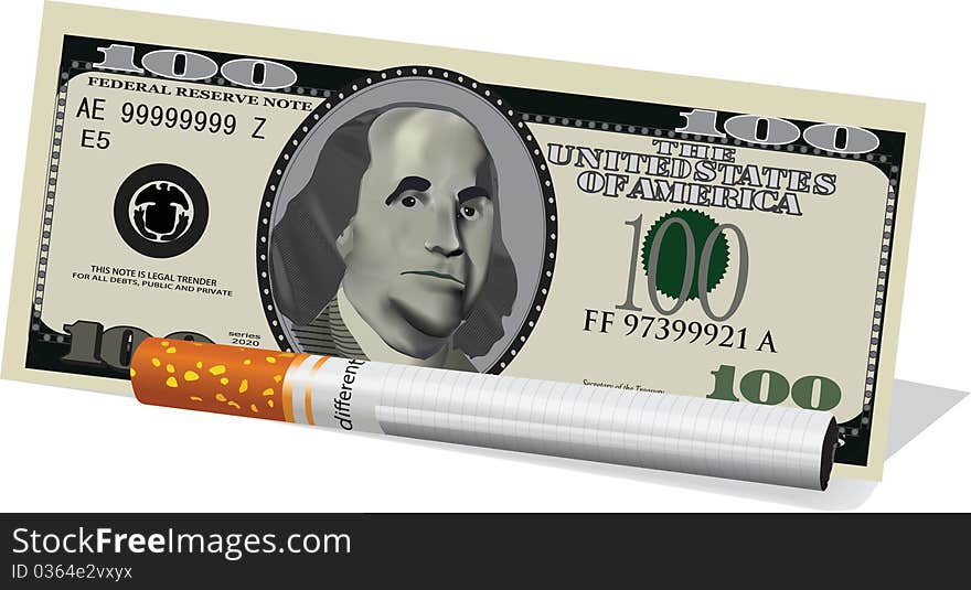 Realistic hundred-dollar bills and cigarettes. Realistic hundred-dollar bills and cigarettes