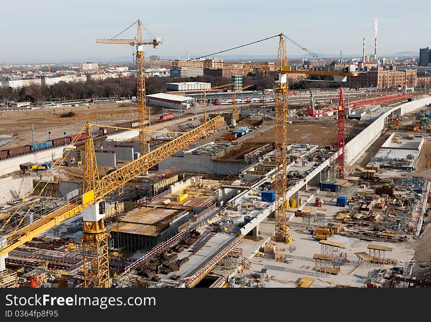 Building site, construction of new building with crane