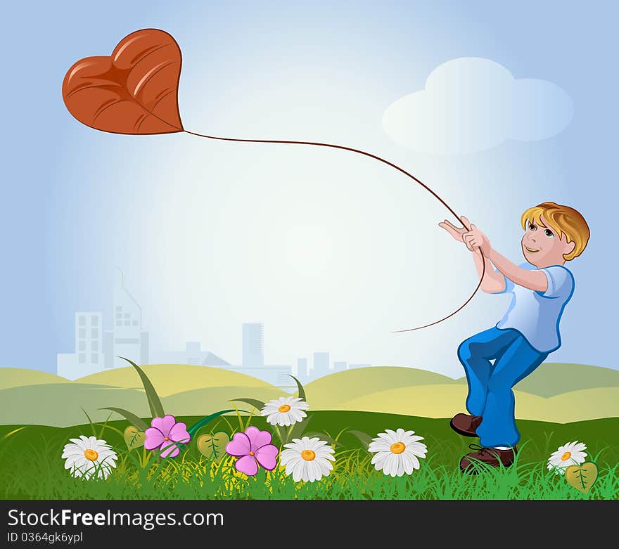 Boy with flying kite on nature background. Boy with flying kite on nature background