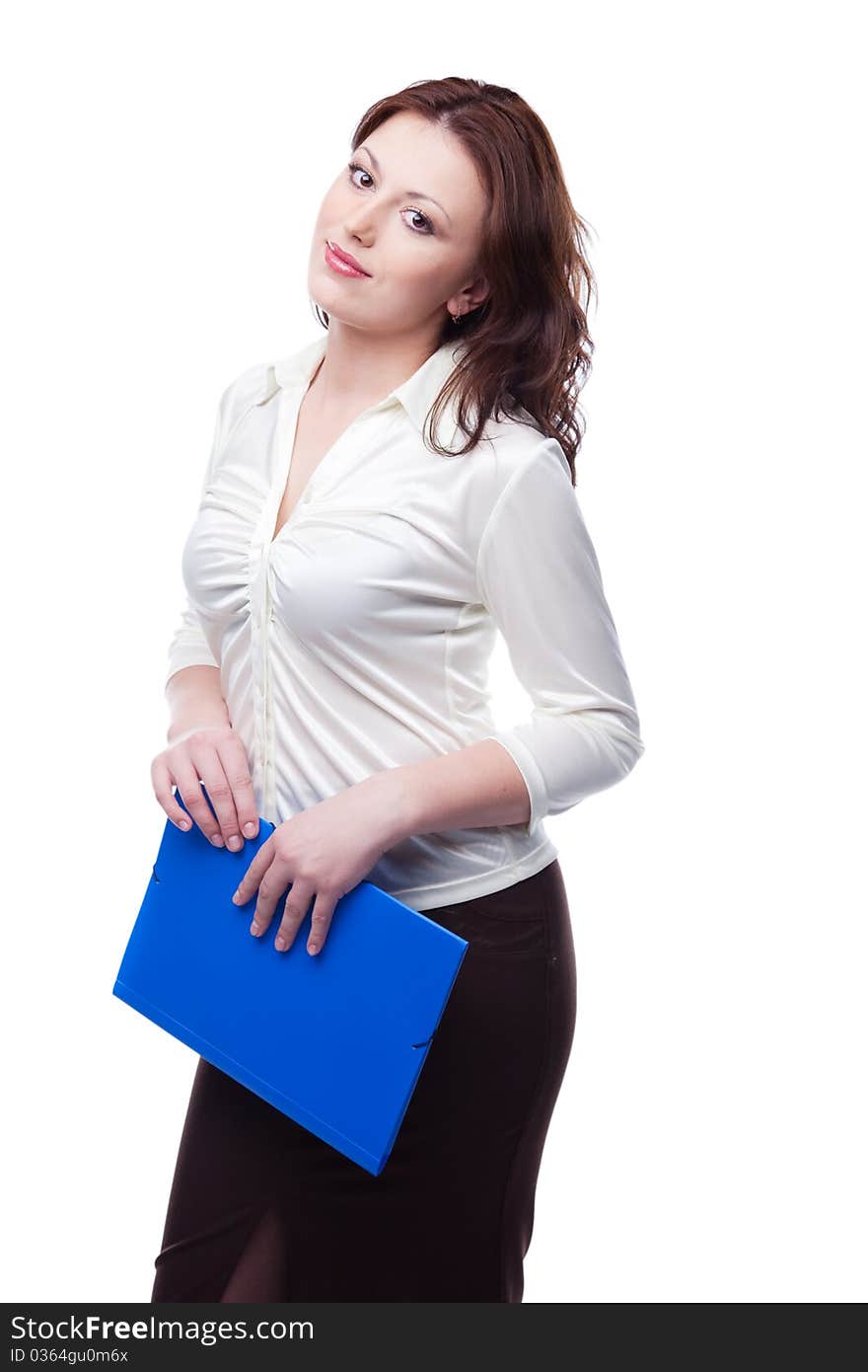 Beautiful business woman in a white blouse and skirt with a blue folder in his hands is isolated on a white