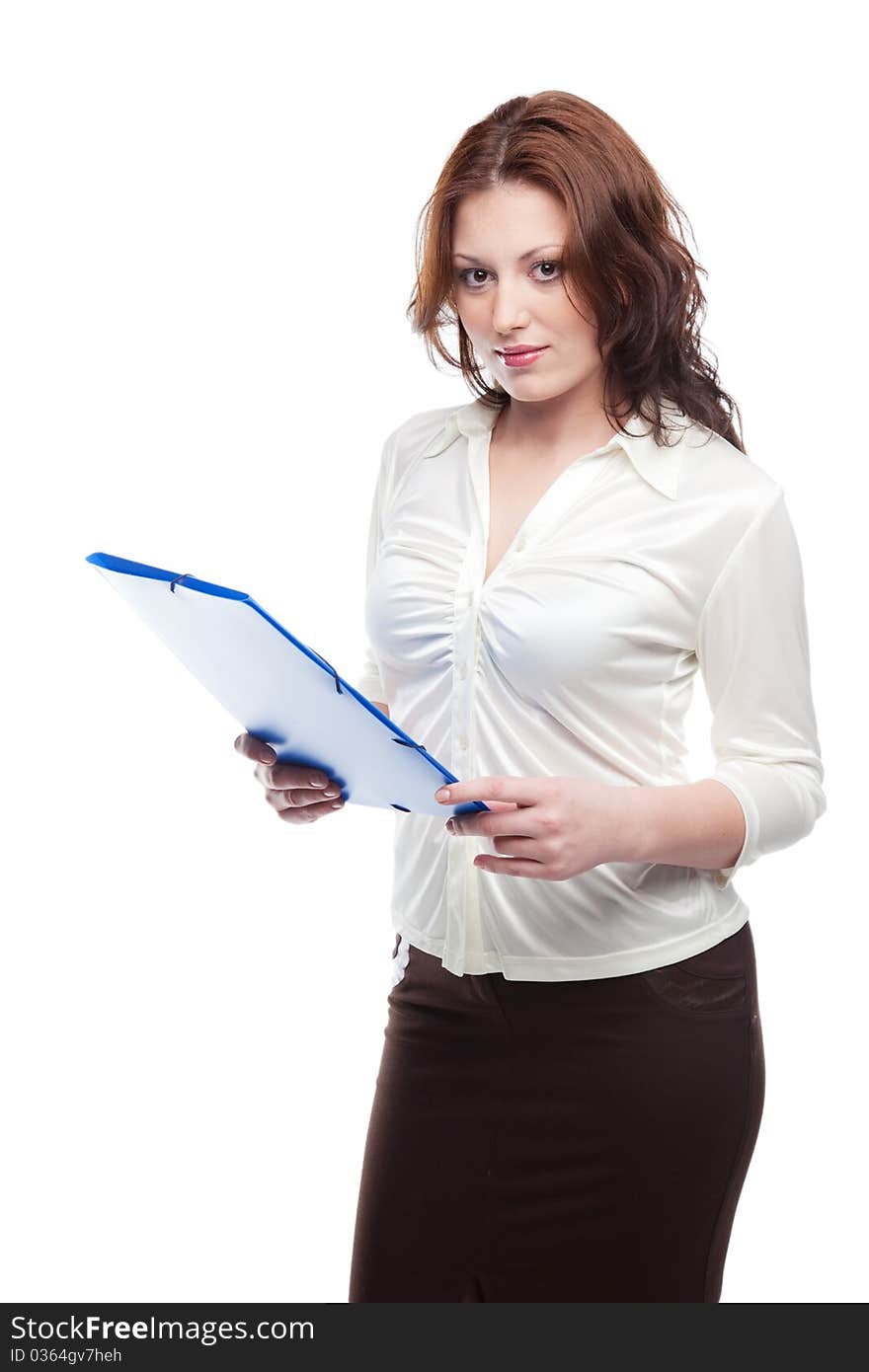 Woman in a business suit with a blue folder, isolated on white. Woman in a business suit with a blue folder, isolated on white