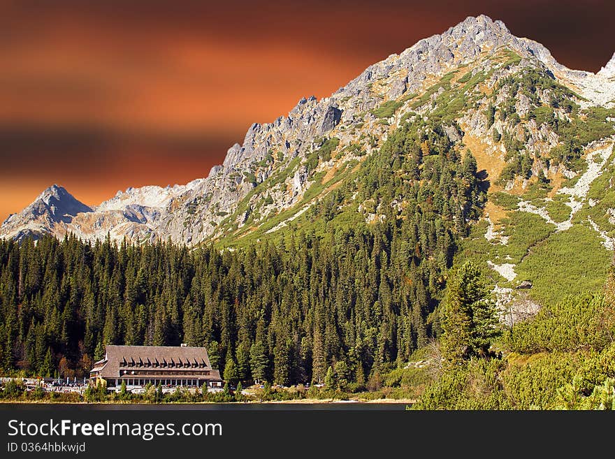 High Tatra with amazing sunset in the background, Slovakia