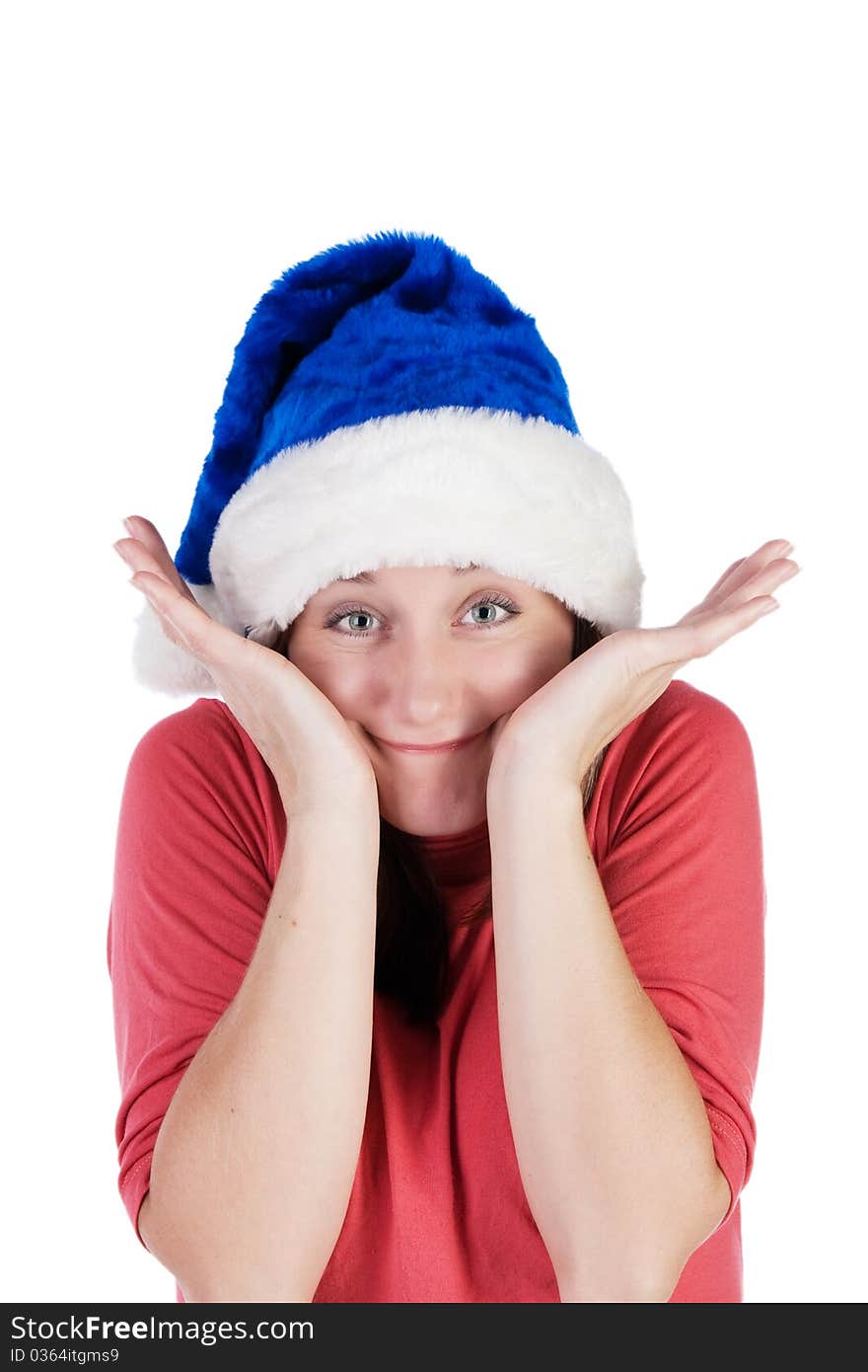 Funny girl fooling around in a Santa Claus hat