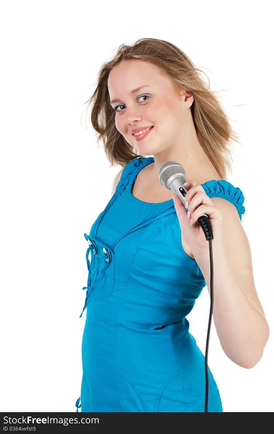 Beautiful singer girl singing - isolated on white