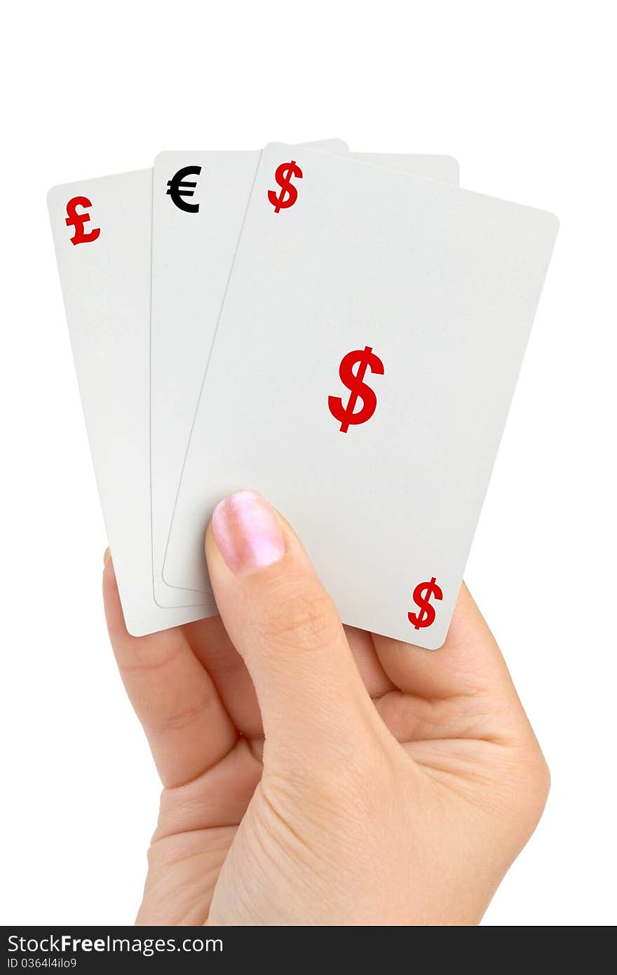 Hand and money cards isolated on white background