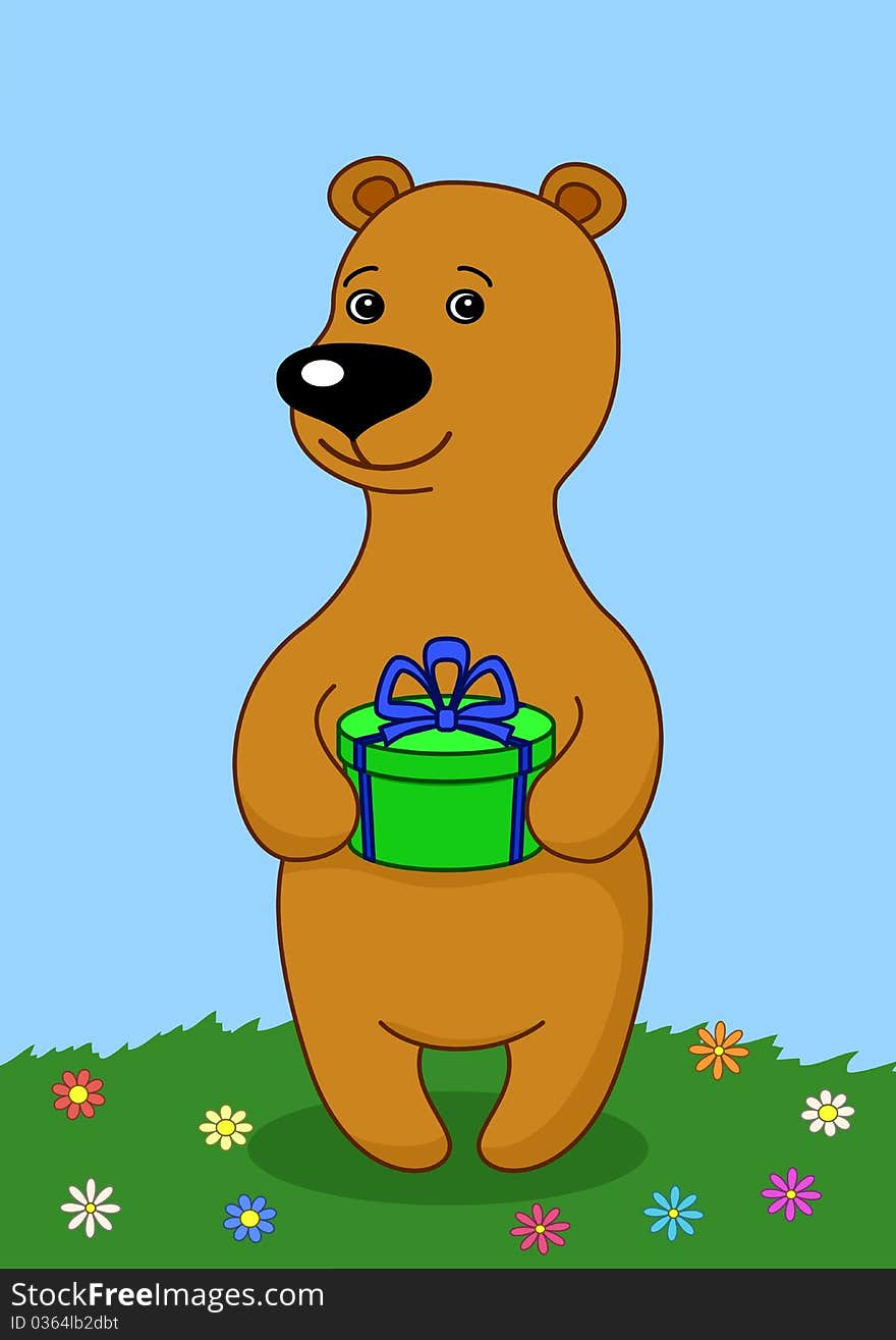 Teddy-bear stands on meadow holding in paws a box with a gift. Teddy-bear stands on meadow holding in paws a box with a gift