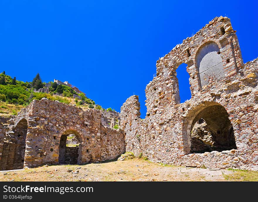 Ruins of old town in Mystras, Greece - archaeology background